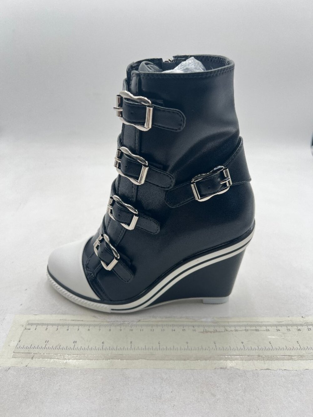 Black/White Women Sexy Ankle Boots Contrast Stitching Booties Wedge Heels Shoes